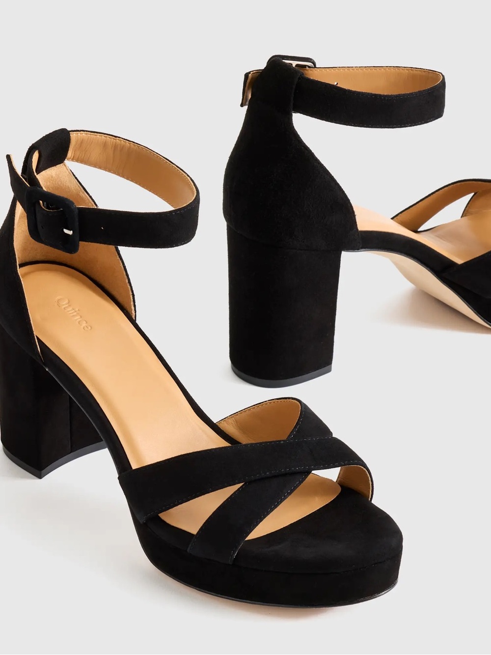 NWT Quince Italian Leather Crisscross Platform Sandals Black Suede Heels Sz 7 - Picture 4 of 6
